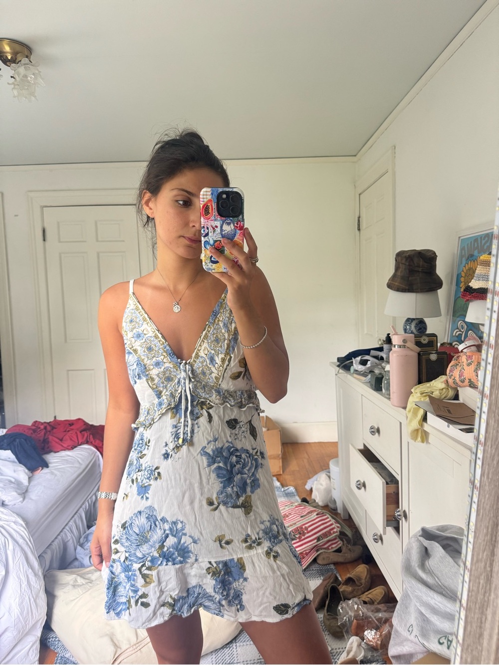 J. Crew White Mini Dress with Blue Floral Print and Lace Tie